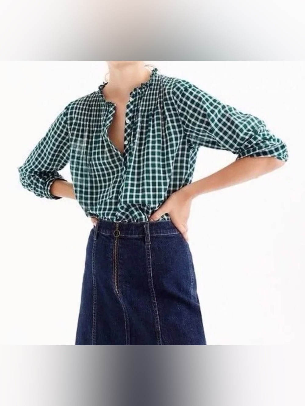 J CREW Green Plaid Cotton Blouse with Pintucks